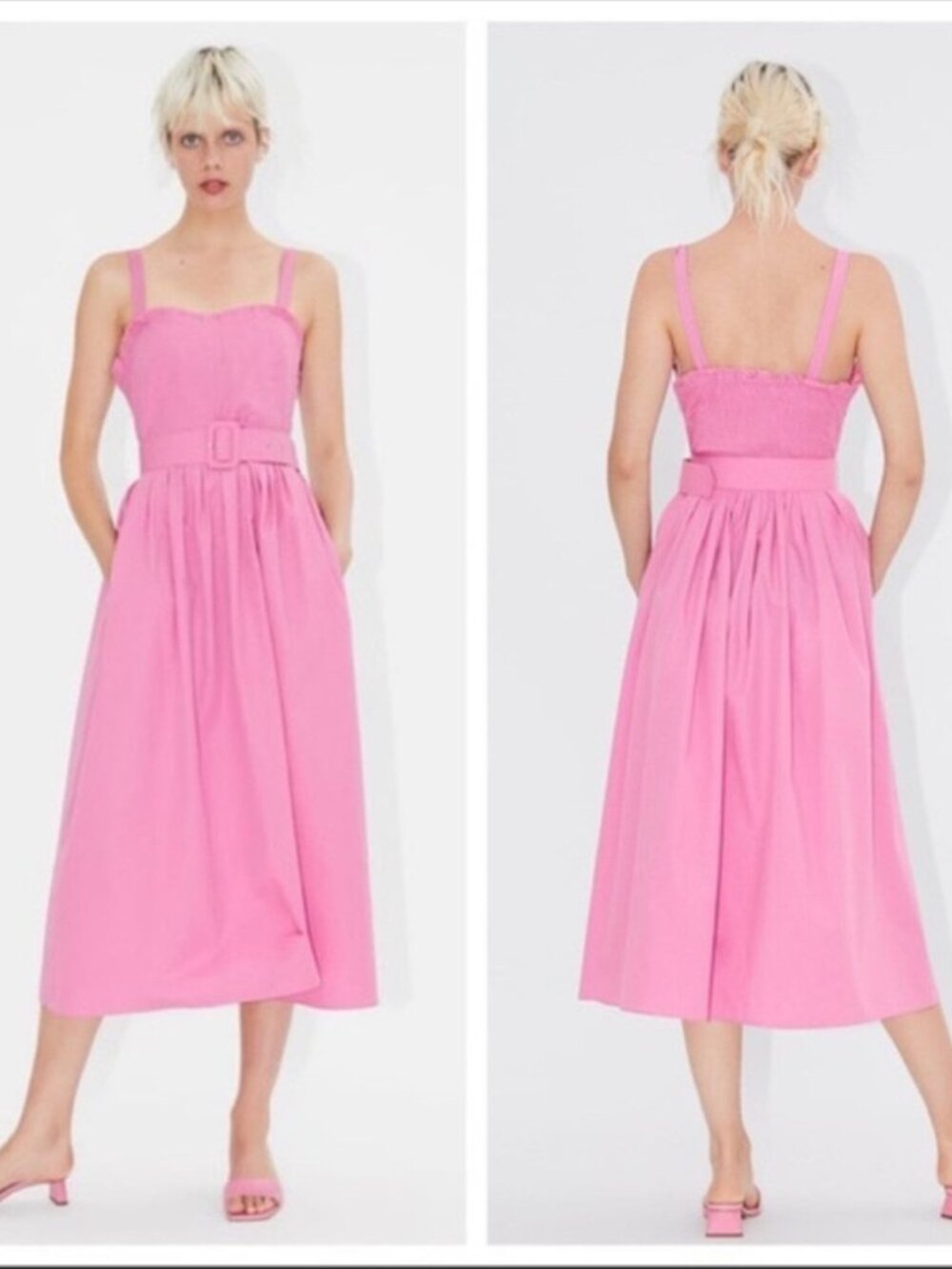 Zara Pink Belted Midi Dress - Picture 2 of 14